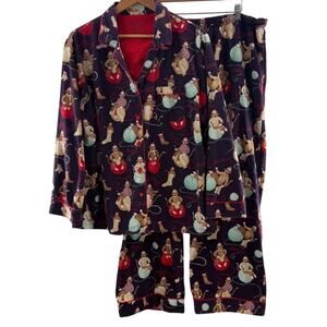 Nick & Nora Sock Monkey Knitting Yarn Flannel 100% Cotton 2 Pc. Pajamas Size XXL